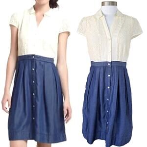 Anthropologie HD Paris Chambray Lace Shirt Dress Size 6 Ivory Denim Blue